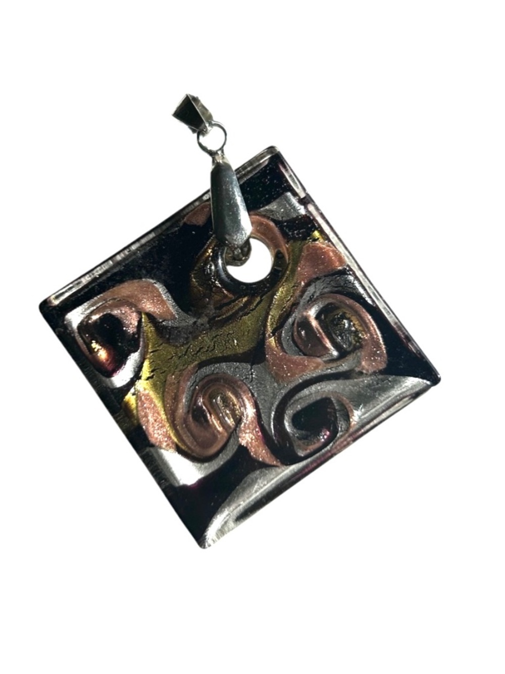 Handcrafted Art Glass Square Pendant Swirly Abstract Metallic Design